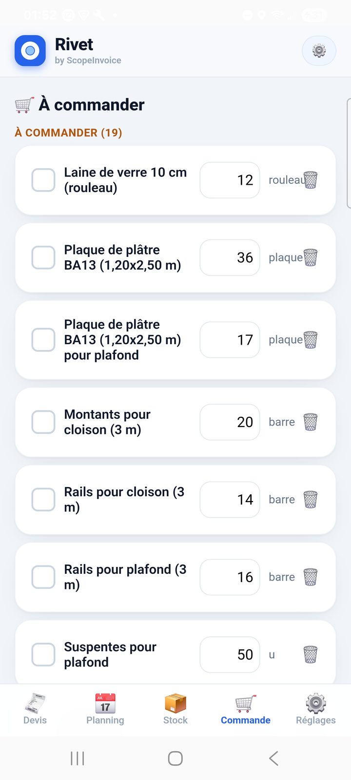 Liste des matériaux à commander