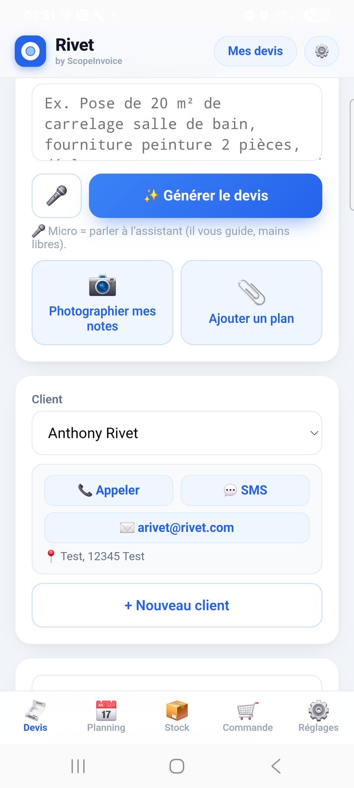 Création d'un devis dans Rivet