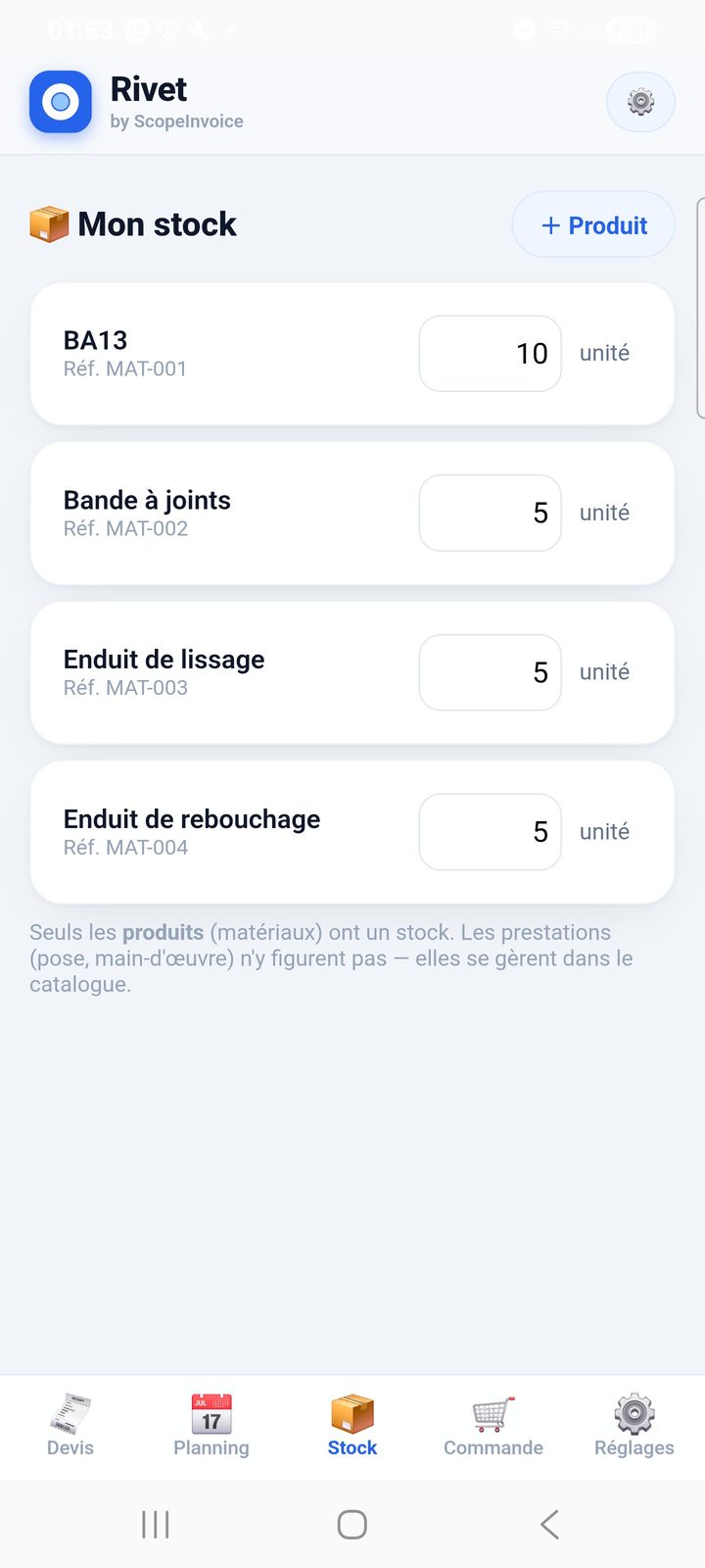 Suivi du stock dans Rivet